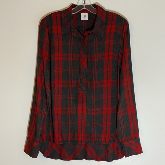 CAbi Tops - Cabi Top Womens Medium Red Black Plaid 1/2 Button Up Blouse Hi Low Festive Boho